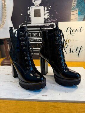 Black Patent Platform Heeled Combat Boots – Lace-Up + Zip Statement Glam